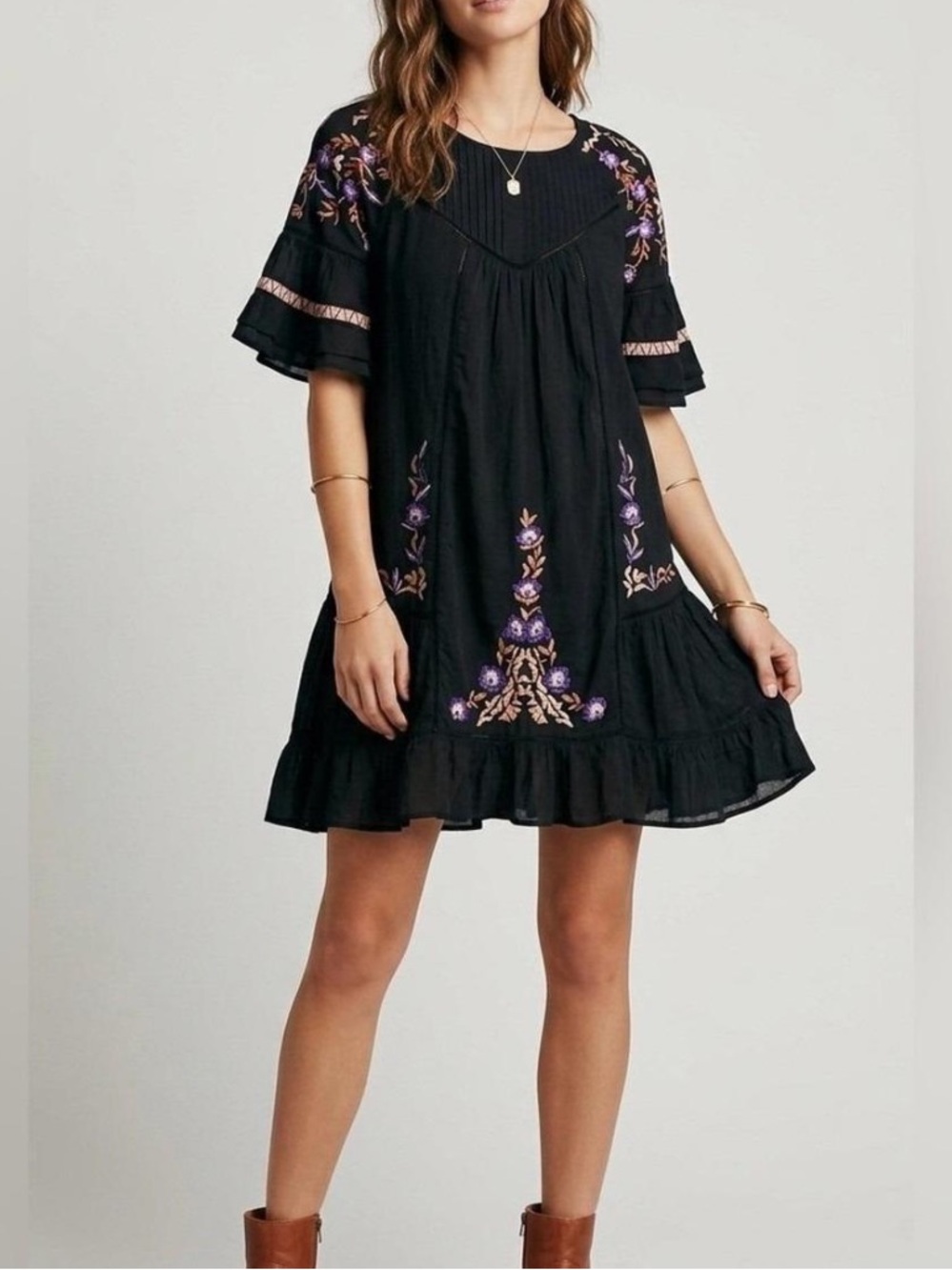 Free People Women’s Pavlo Black Mini Dress with Floral Embroidery